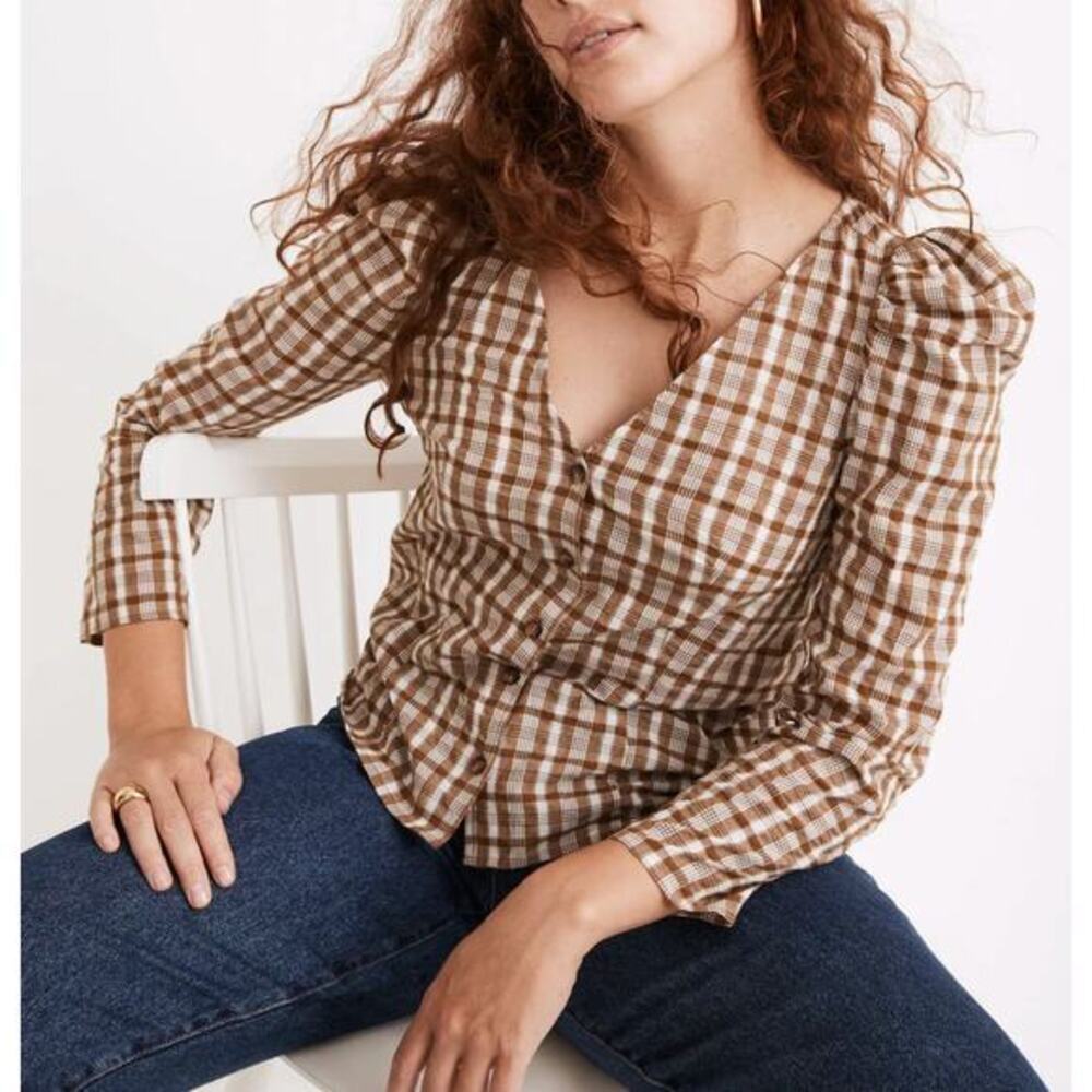 New! Madewell Westover Top in Sandown Plaid weathered olive, size 6